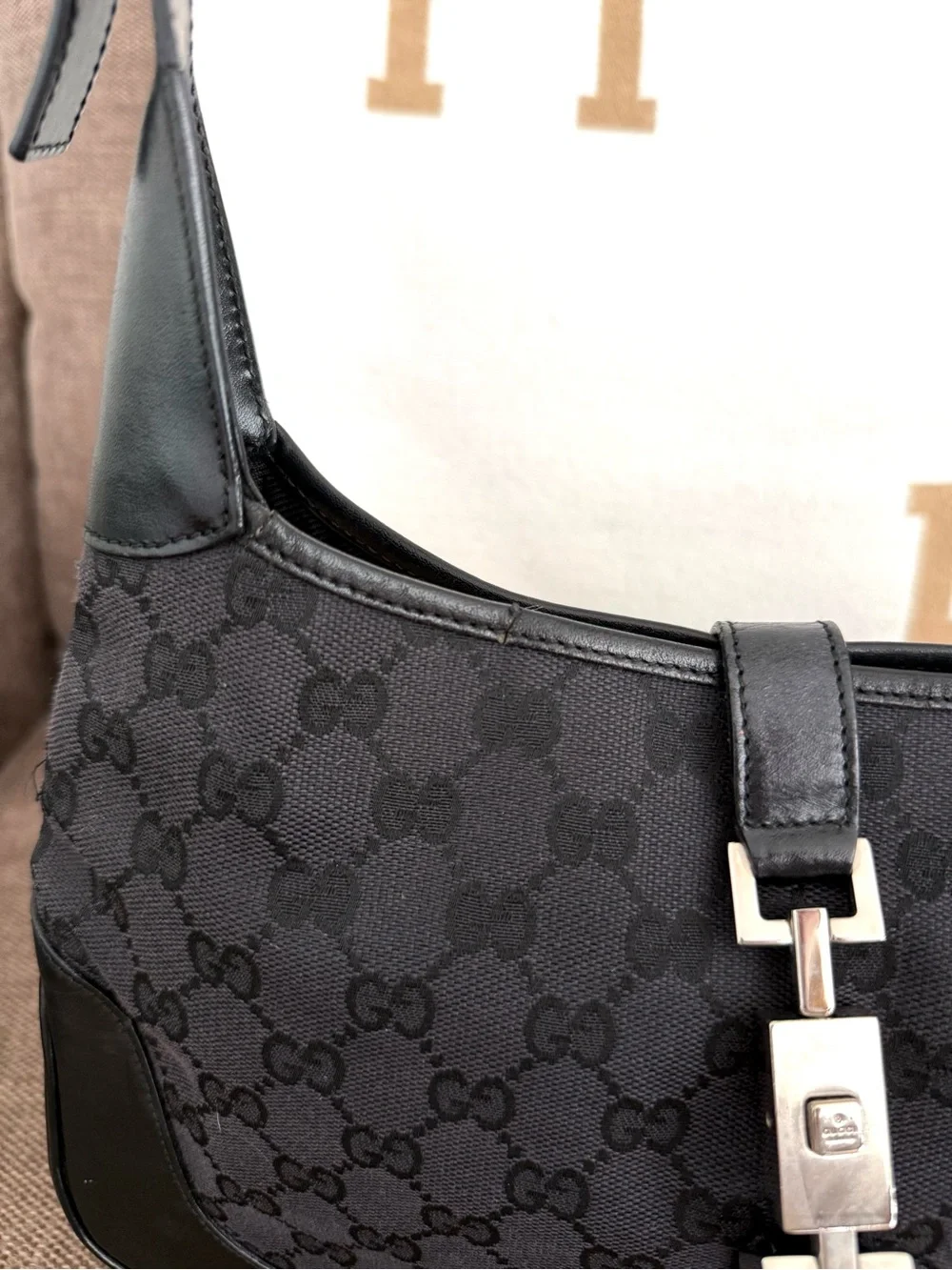 Gucci authentic Jackie hobo bag black monogram canvas black leather shoulder bag